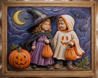 Halloween Trick-or-Treaters Relief 3D Model | STL File for CNC Router & 3D Printer
