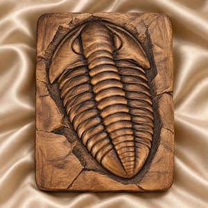 Könnte beinhalten: Eine rechteckige braune Platte mit einem Reliefschnitzwerk eines Trilobiten-Fossils. Die Oberfläche der Platte hat ein strukturiertes, rissiges Aussehen, das an Stein erinnert, wobei der segmentierte Körper des Trilobiten in einer tiefen Vertiefung liegt.