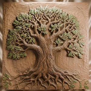 Peut inclure: Une plaque murale carrée en bois présentant une sculpture en relief détaillée d'un grand chêne. Le tronc et les racines sont rendus dans une teinte de bois brun naturel, tandis que la canopée dense est rehaussée de légères touches vertes.