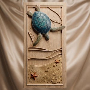 May include: A rectangular wooden wall panel featuring a carved sea turtle with a blue and green shell swimming above a textured sandy beach area. The scene includes carved waves and two orange starfish resting on the sand within a wooden frame.