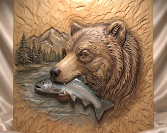 Bear with Fish 3D STL File | CNC Wood Carving | 3D Printer | Wildlife Wall Art