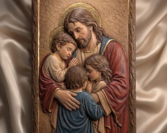 Jesus with Children Relief STL File | CNC Router & 3D Printer | Religious Wall Art Carving