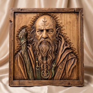 May include: A square wooden wall plaque featuring a relief carving of an elderly person with a long beard, holding a staff. The figure has symbols on their forehead and wears a pendant with a star. The wood has a natural brown finish.