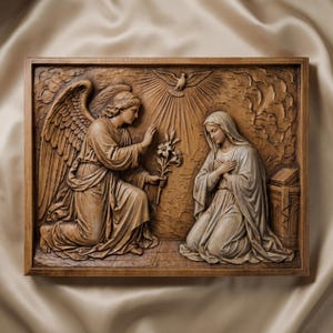 Könnte beinhalten: Eine rechteckige Wandplatte aus Holz mit einem detaillierten Reliefschnitzwerk der Verkündigung. Die Szene zeigt einen geflügelten Engel, der kniet und einer knienden Figur eine Lilie reicht, während eine Taube in Lichtstrahlen herabsteigt.