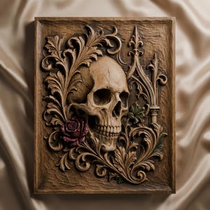 May include: A rectangular wooden wall plaque featuring a detailed relief carving of a human skull. The skull is surrounded by intricate acanthus leaf scrollwork and a single dark red rose. A pointed architectural spire element is on the right.