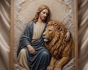 Jesus with Lion 3D STL File | Religious Relief Model | For CNC Router & 3D Printer