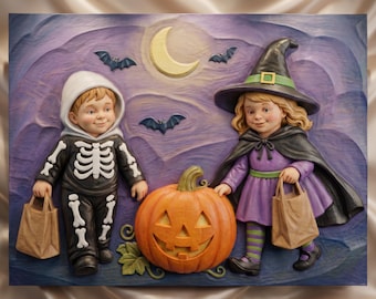 Halloween Trick-or-Treaters Relief 3D Model | STL File for CNC Router & 3D Printer