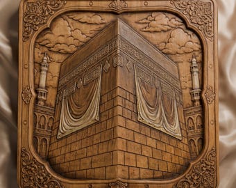 May include: A square wooden wall plaque featuring a detailed relief carving of the Kaaba in Mecca. The artwork depicts the cubic structure with draped fabric, minarets on both sides, and clouds in the background, all framed by an ornate border.