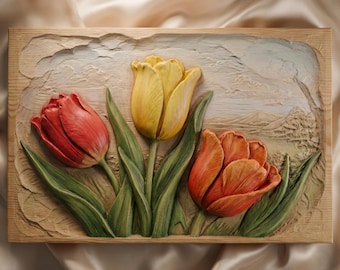 Relief de tulipe STL | Modèle 3D pour fraiseuse CNC et imprimante 3D | Sculpture florale sur bois