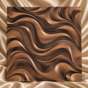 May include: A square wooden wall panel featuring a three-dimensional carved design of flowing, undulating waves. The surface displays a natural wood grain with alternating dark brown and light tan tones, creating a smooth, rhythmic pattern.