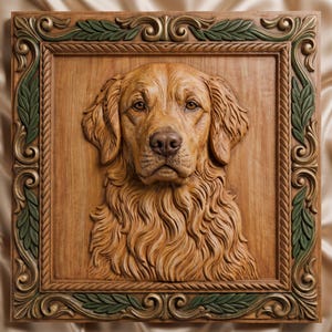 Op de afbeelding: Een vierkante houten wandplaat met een hoogreliëf snijwerk van een golden retriever. Het centrale hondenportret is omgeven door een decoratieve lijst met uitgesneden krulwerk en bladmotieven in gedempt groen en natuurlijke houttinten.