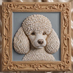 May include: A light beige poodle relief sculpture featuring detailed curly fur texture, set against a flat gray background. The poodle is encased in a square, light-colored wooden frame with intricate, ornate carved scrollwork and floral patterns.