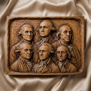 May include: A rectangular wooden wall plaque featuring a detailed relief carving of five historical figures. The brown wood panel displays the busts of these individuals arranged in two rows, with a textured background and a carved border frame.