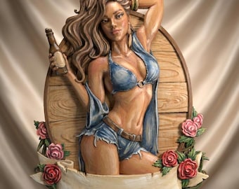 Pinup Girl with Roses Relief STL File | Bar & Man Cave Wall Decor | CNC-3D Printer