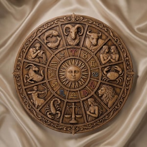 May include: A circular wooden wall plaque featuring a detailed relief carving of the twelve zodiac signs arranged around a central sun face. Each astrological symbol is depicted in its own segment with intricate borders and a warm brown finish.