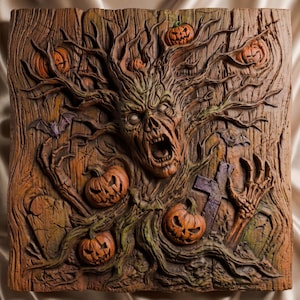 May include: A square brown wall plaque featuring a high-relief carving of a screaming tree face with tangled branches, multiple carved jack-o'-lanterns, two flying bats, a skeletal hand reaching upward, and a tombstone set against a wood grain texture.
