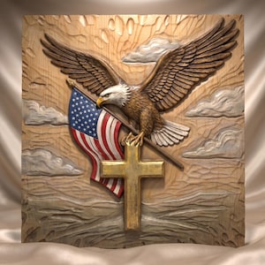 May include: A square wooden wall plaque featuring a relief carving of a bald eagle with wings spread wide, clutching a pole with an American flag. A gold-coloured cross is positioned below the eagle, set against a carved background of clouds.