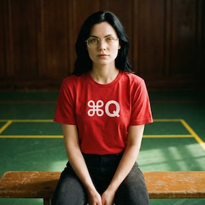 May include: A red t-shirt with the white letters "⌘Q" is worn by a person. The person is wearing black jeans and round, gold-rimmed glasses. The background is a wooden wall and a green floor with yellow lines.