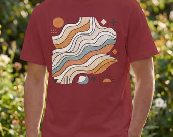 T-shirt abstrait rétro à vagues, T-shirt graphique à lignes ondulées groovy, T-shirt géométrique inspiré des années 70