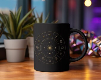 Svart keramisk stjärnteckensmugg | Himmelsk guld astrologi kaffekopp (31 cl)