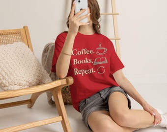 T-shirt Coffee Books Repeat | T-shirt de lecture, T-shirt littéraire