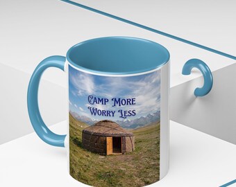 Camp More Worry Less-mugg | Wanderlust-kaffemugg med bergsdekoration