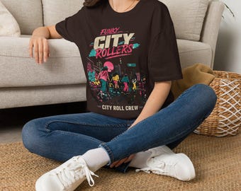 T-shirt Funky City Rollers | T-shirt graphique rétro années 80 avec motif de patins à roulettes néon
