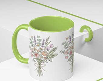 Ceramiczny kubek z ręcznie malowanym bukietem kwiatów polnych | Kubek z akwarelowym akcentem kwiatowym (11 uncji, 15 uncji)