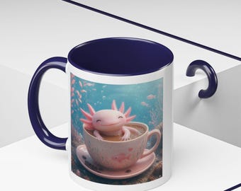 Ceramiczny kubek z aksolotlem w filiżance | Pastelowy kubek do kawy z podwodną sceną (11 uncji i 15 uncji)