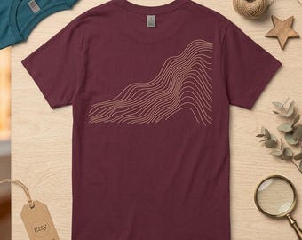T-shirt minimaliste à motif de vagues topographiques, T-shirt abstrait avec dessin de lignes de montagne, T-shirt unisexe en coton aux tons naturels