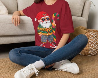T-shirt rétro Père Noël et canne à sucre | T-shirt de Noël fantaisiste à col rond