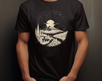 T-shirt rétro paysage de coucher de soleil en montagne | Motif forêt et chalet de camping