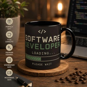 May include: A black ceramic mug featuring a white and green graphic design with the text "SOFTWARE DEVELOPER" above a loading bar graphic and the words "LOADING..." and "PLEASE WAIT". The mug includes a code bracket symbol at the top.