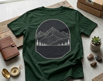 T-shirt minimaliste paysage de montagne | Montagnes dessinées au trait, silhouette de forêt