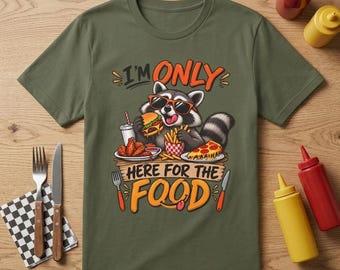 T-shirt « Je suis là uniquement pour la nourriture » | Illustration d'un raton laveur mangeant un hamburger