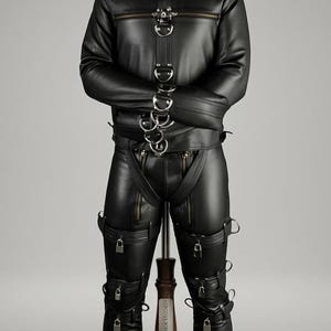Könnte beinhalten: Schwarzes Leder-Outfit mit Jacke und Hose. Die Jacke hat einen hohen Kragen, Metallringe und Reißverschlüsse. Die Hose hat Reißverschlüsse und Vorhängeschlösser. Das Outfit wird auf einer Holzpuppe präsentiert.