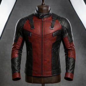 May include: A red and black leather jacket with a stand-up collar and a front zipper. The jacket has black accents on the shoulders, sleeves, and sides. The jacket is displayed on a mannequin.