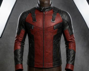 Deadpool Inspired Leather Jacket | Red Black Superhero Cosplay Biker Jacket