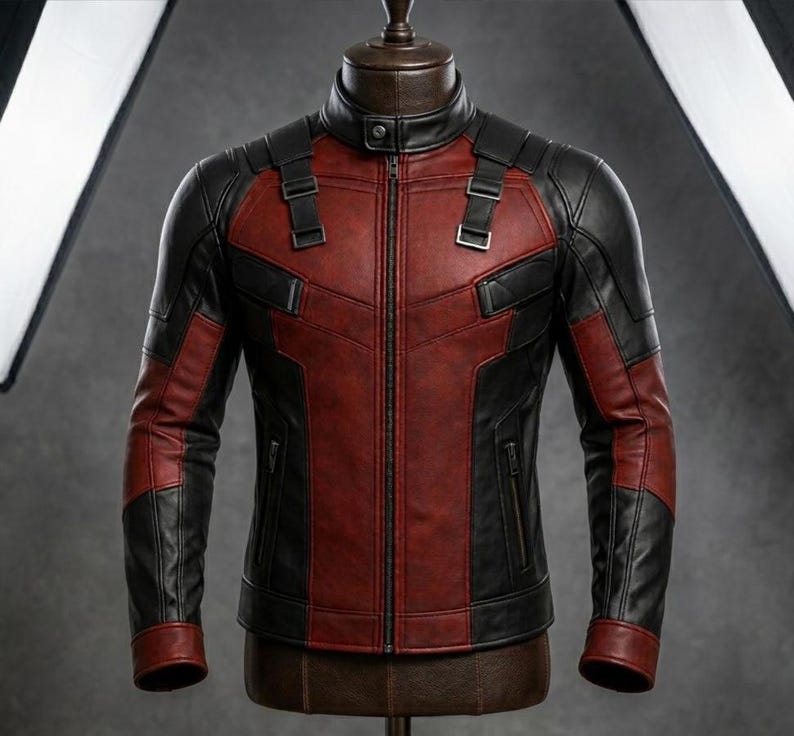 May include: A red and black leather jacket with a stand-up collar and a front zipper. The jacket has black accents on the shoulders, sleeves, and sides. The jacket is displayed on a mannequin.