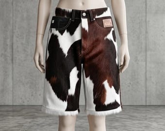 Mens Cowhide Hair On Leather Shorts, Western Cow Print Festival Shorts, Handmade Bermuda Leather Shorts, Rodeo Streetwear Statement Piece