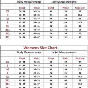 May include: A size chart for men and women, with body and jacket measurements. The men's chart includes chest, waist, and shoulder measurements in inches. The women's chart also includes chest, waist, and shoulder measurements in inches.