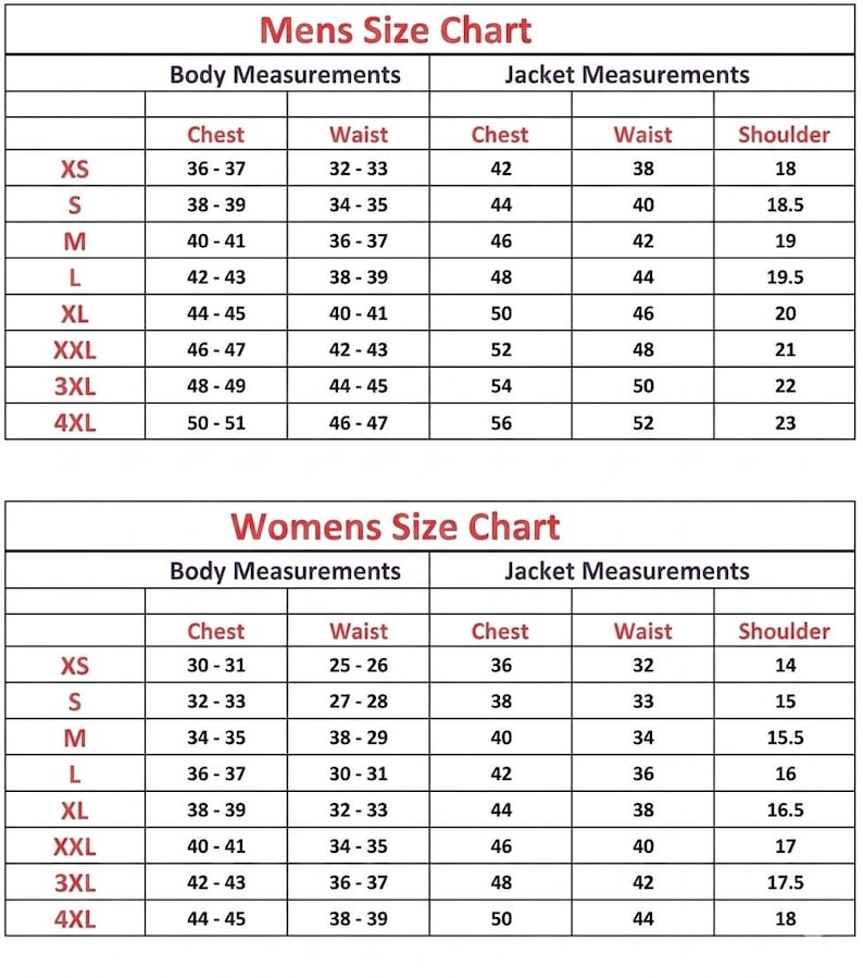 May include: A size chart for men and women, with body and jacket measurements. The men's chart includes chest, waist, and shoulder measurements in inches. The women's chart also includes chest, waist, and shoulder measurements in inches.