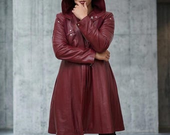Anime Inspired Red Trench Coat | Fullmetal Cosplay Hooded Leather Jacket