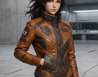Womens Sci Fi Leather Jacket, Sheepskin Brown Black Jacket, Futuristic Cyberpunk Leather Coat, Cosplay Techwear Jacket