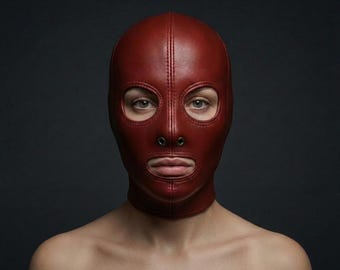 Handmade Red Leather Full Head Mask Hood | Gothic Cosplay Festival Costume