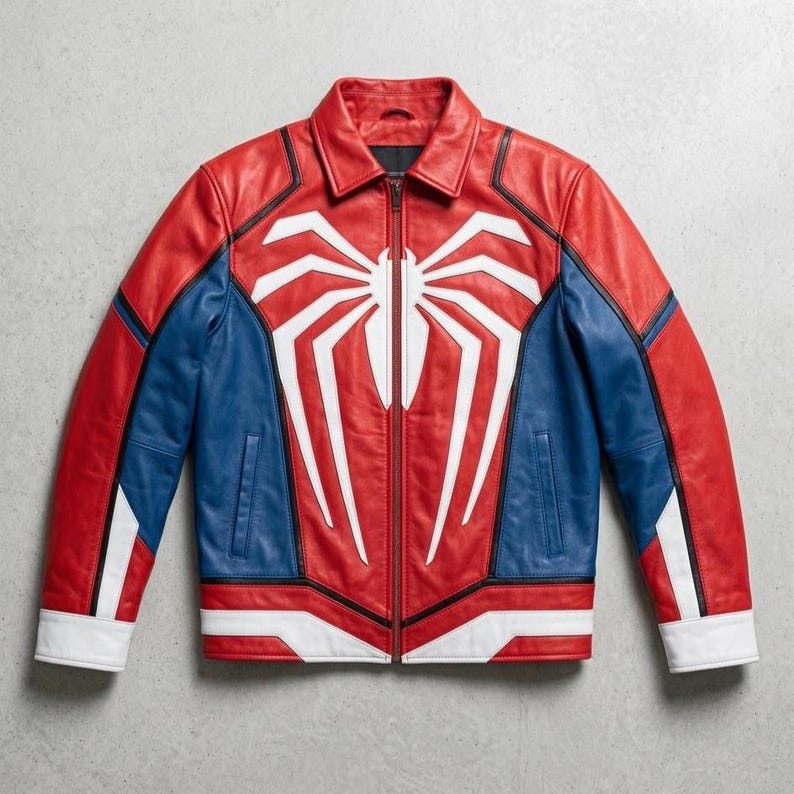 May include: Red, blue, and white leather jacket with a large white spider emblem on the front. The jacket features a collared neckline, a full-length zipper, and white cuffs. The design incorporates red, blue, and white panels.