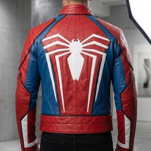 May include: Red, blue, and white leather jacket featuring a large white spider emblem on the back. The jacket has a quilted design with red panels and blue accents on the shoulders and sleeves. A stylish superhero-themed jacket.