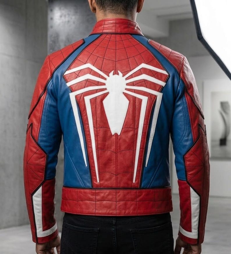May include: Red, blue, and white leather jacket featuring a large white spider emblem on the back. The jacket has a quilted design with red panels and blue accents on the shoulders and sleeves. A stylish superhero-themed jacket.