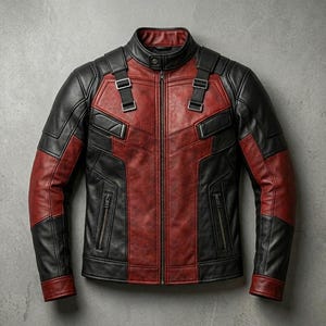 May include: A black and red leather jacket with a stand-up collar and a front zipper. The jacket features black panels on the shoulders and sleeves, with red panels on the chest and back. It has two zippered pockets and adjustable straps.