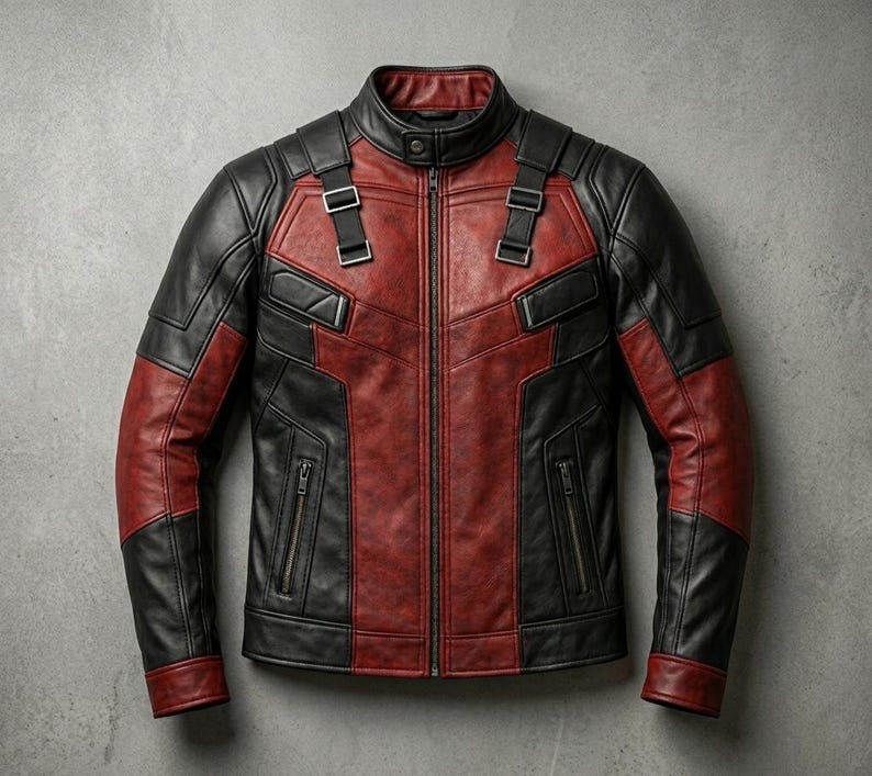 May include: A black and red leather jacket with a stand-up collar and a front zipper. The jacket features black panels on the shoulders and sleeves, with red panels on the chest and back. It has two zippered pockets and adjustable straps.
